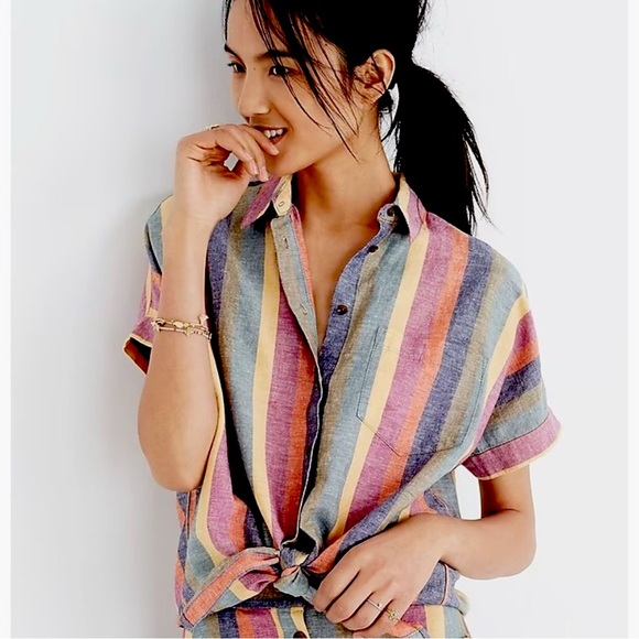 Madewell Linen Tie-Front Short Sleeve Button Up Shirt in Rainbow Stripe Size XXS - Picture 1 of 7